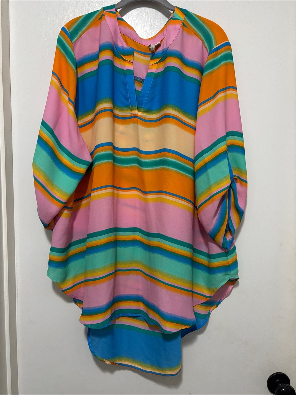 Cato Multicolor Striped V-Neck Tunic - Pink, Orange, Teal, Yellow